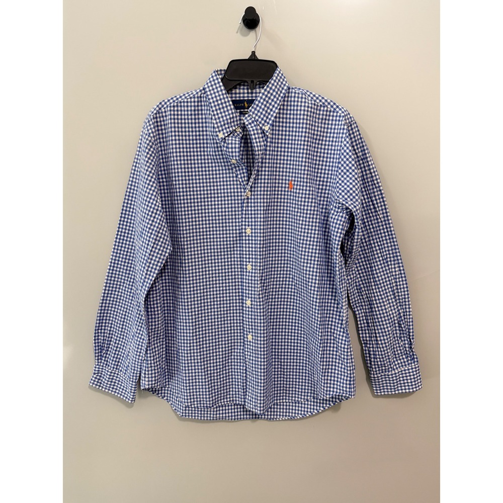 Ralph Lauren Custom Fit Gingham Shirt Mens Large Blue White Long Sleeve Cotton